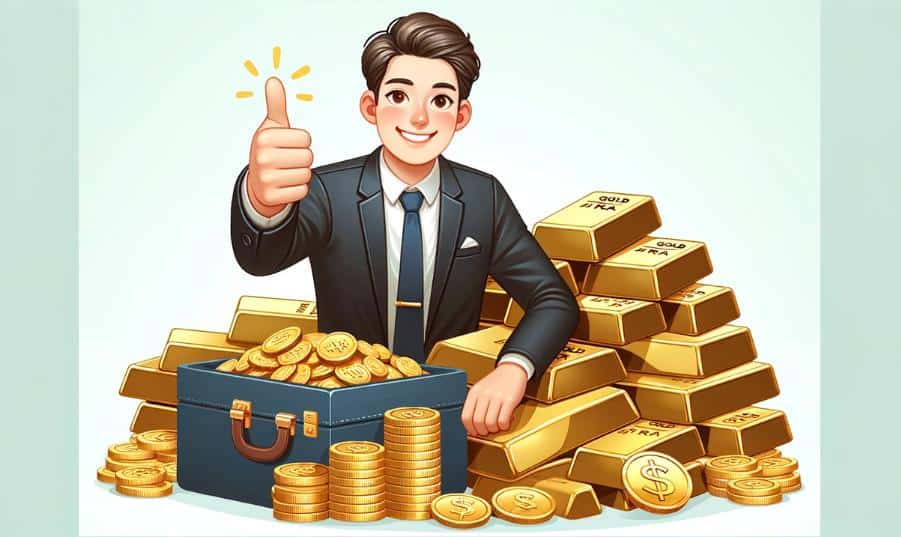 An image showing a satisfied Goldco customer next to a large pile of gold bars and coins.