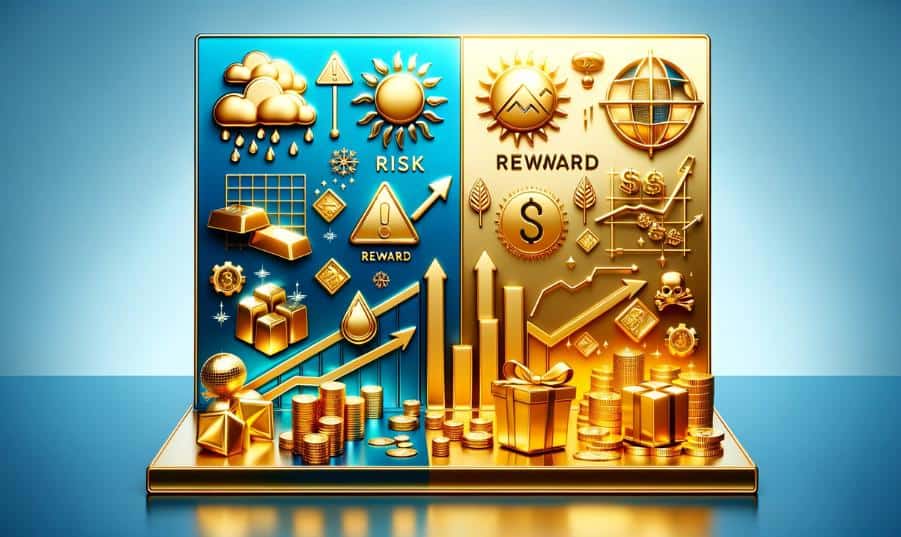 The rectangular image illustrating the concept of risk and reward in gold investing is ready. It visually contrasts the risks and rewards associated with gold investment, capturing the balance between these two aspects