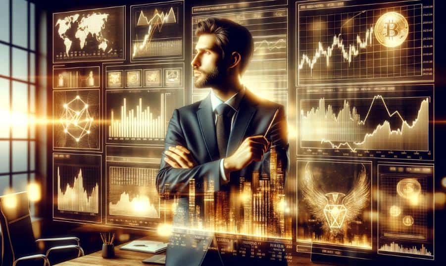 The image depicts a professional gold expert analyzing the long-term forecast for gold prices, surrounded by digital screens displaying various gold price charts and graphs. This visual representation captures the essence of expertise and analysis in the field of gold investments.
