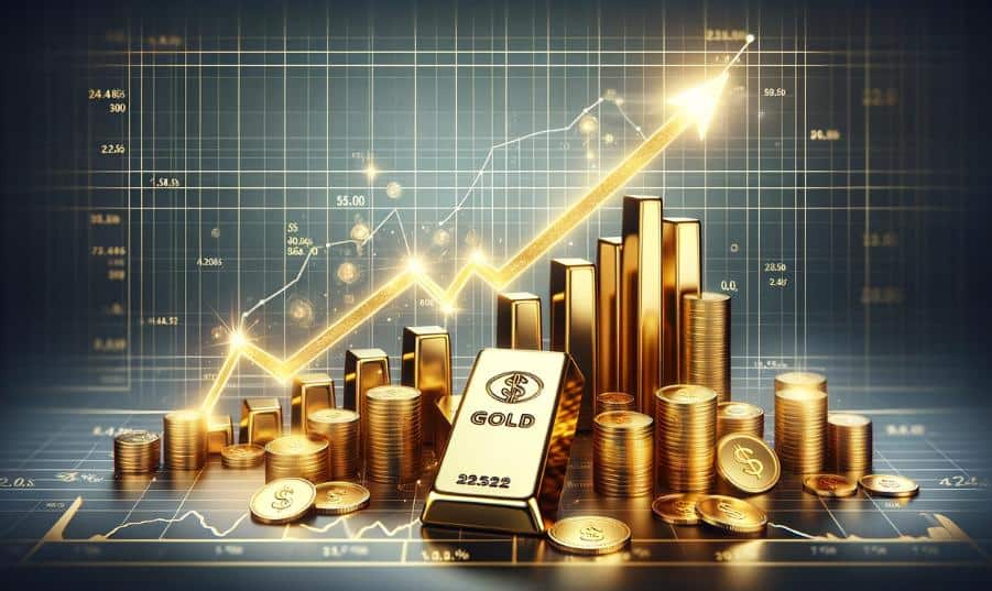 Is Gold a Good Investment Right Now? 2025 Outlook 3 An image showing the price of gold having a meteoric rise upwards on a graph, surrounded by gold bars and coins. This visual represents the concept of wealth and investment growth in gold.