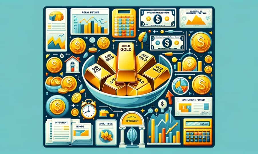 a rectangular image illustrating gold and its place in a diverse portfolio, surrounded by a montage of various investment options.