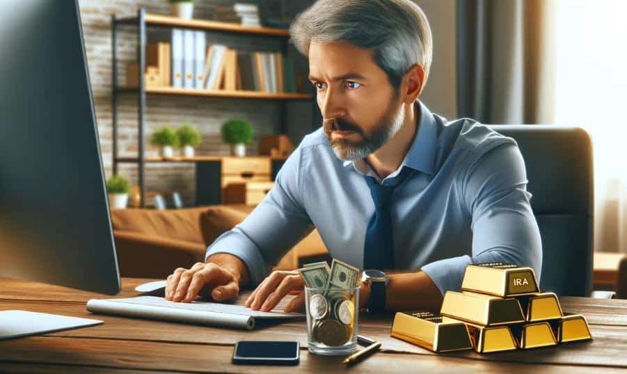 An image of the man working on rolling his IRA into a gold and silver IRA on his home computer, with gold and silver bars on his desk.